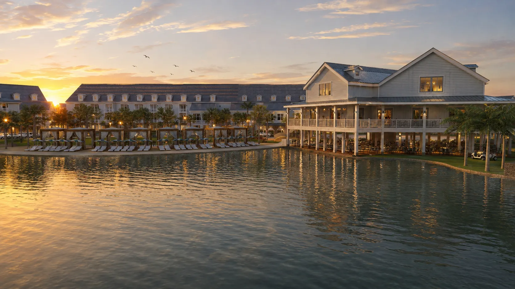 Concept rendering of a waterfront lodge building at Discovery Sands, Galveston, Texas